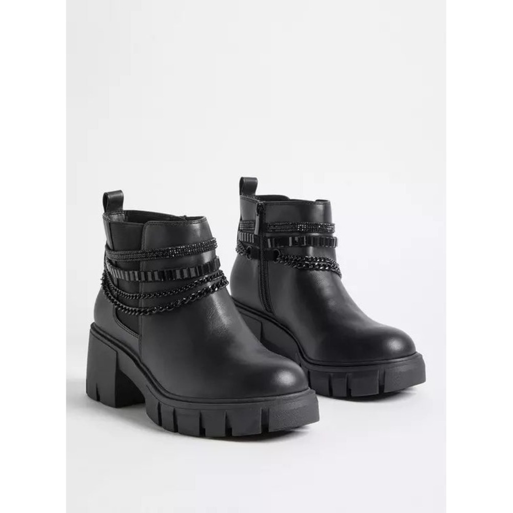 Torrid Chain Ankle Bootie Women 9WW Black Faux Leather Lug Sole Edgy Rhinestone